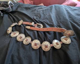 concho style leather belt with metal coins