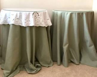 Pair of Particle Board Tables with Tablecloths and Glass Tops