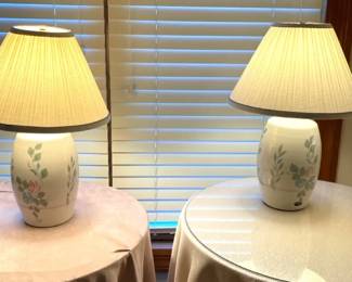 Round Tables with Table Cloths, One Glass Top, Pair of Lamps