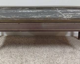 Louis XVI Style Coffee Table with Marble Top, Metal Baguettes, and Hidden Tooled Sliding Extensions