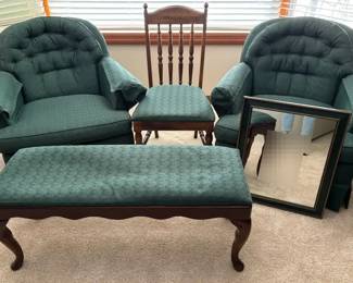 Green Upholstered Arm Chairs Bench, Green Mirror and Side Chair