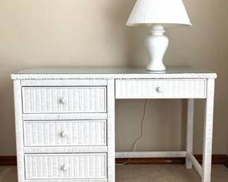 Wicker by Henry Link, Desk with 4 Drawers, Glass Top, Lamp