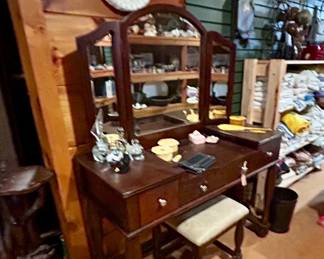 Vintage Vanity / Dressing Table with Tri-Fold Mirror & Bench