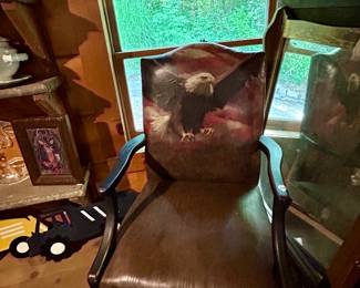 Rustic Leather Accent Chair with Eagle Motif