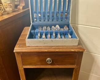 Silverplate Flatware Set in Storage Chest & Vintage One-Drawer Side Table / Nightstand