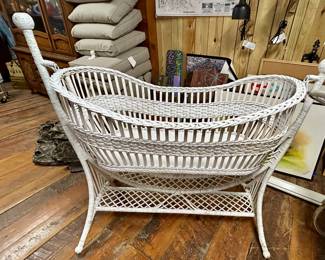 Vintage White Wicker Baby Cradle / Bassinet