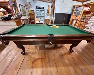 Convertible Pool / Table Tennis Game Table Traditional claw-foot billiards table with dark wood finish, green felt, leather-style pockets, and matching accessories.