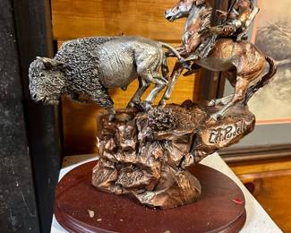 Western Bronze-Style Sculpture – Buffalo Hunt Scene