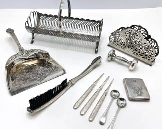 11 Pieces Silver Plate Table Wear: Crumb Tray With Brush, Toast Rack, Spoons & More Lot #: 112