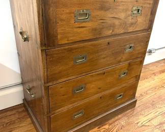 Vintage 2 Piece Solid Wood Campaign Chest Desk Secretary With Brass Details Purchased In Argentina Lot #: 6