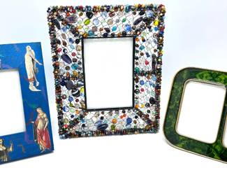 3 Picture Frames: Beaded By Anthropologie, Decoupage With Figures & Green Enamel Lot #: 121