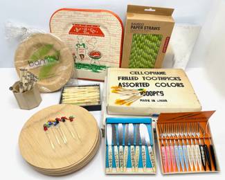 Party Supplies, Mostly Vintage: Plates, Cocktail Forks, Cigarette Holders, Cocktail Stirrers, Toothpicks & Mor... Lot #: 103