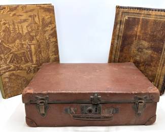 Antique Pressed Metal Faux Leather Breif Case & 2 Portfolios: Embossed Leather & Fabric Lot #: 55