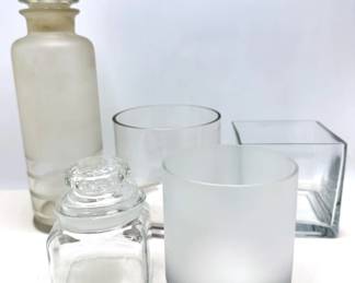 Vintage Frosted Glass Decanter, 3 Glass Vases & Canister Lot #: 84