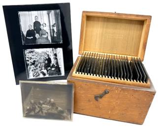 Antique Photography Glass Plate Negatives In Wood Storage Box With Prints, Folder Labeled A. Svenson Lot #: 48