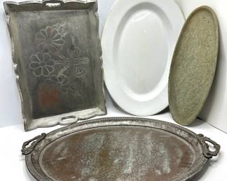 4 Large Vintage Platters: Embossed Tin Covered Wood Tray, Porcelain, Marble & Silver Plate Lot #: 114