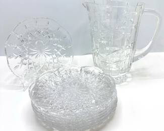 Set 8 Vintage Cut Crystal Dessert Plates & Large Crystal Pitcher Lot #: 83