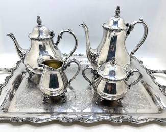 Western Wilcox American Rose Silver Plate Tea Set: Tray, 2 Tea Pots, Sugar Bowl & Creamer Lot #: 30