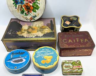9 Vintage Advertising Tins Boxes: Farrahs Toffee, Petit Beurre Caiffa & D. Lazzaroni & C. Biscuit & More Lot #: 101
