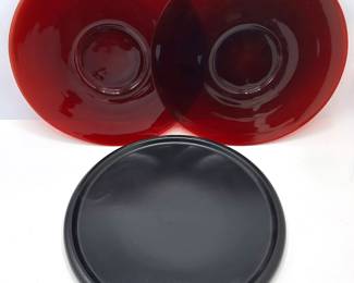 2 Red Glass Platters With Sunburst In Center & Bellini 1985 Ceramic Platter Lot #: 86