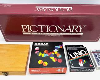 5 New Games: Miniature Magnetic Chess In Wood Box, Pictionary, Array, Uno & Cards Lot #: 124