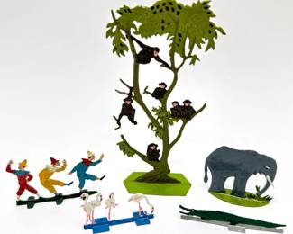 5 French Miniature Metal Hand Cut & Painted Sculptures: Animals & Jesters In Metal Gift Box Lot #: 59