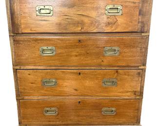Vintage 2 Piece Solid Wood Campaign Chest Desk Secretary With Brass Details Purchased In Argentina Lot #: 6