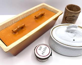 Vintage French Bridge Kitchenware Earthenware Terrine, Apilco France Chicken Bowl, Marmalade Cup & Trinket Box Lot #: 61
