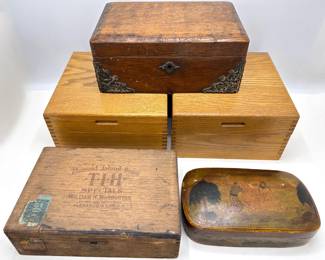 5 Wood Boxes: Tin Lined Tea Box, 2 Dovetailed Oak Boxes, Cigar Box & Hand Painted Trinket Box Lot #: 87