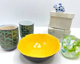 8 New In Box Rabbit Place Card Holders, 2 Japanese Mugs, Artisan Bowl & Handmade Glass Paperweight Lot #: 62