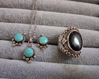 Old pawn sterling and onyx ring and sterling necklace set.