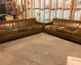 2 Leather and Velvet Sofas with Hammer Head Detailing