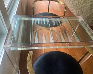 Lucite Backgammon Table and 2 Gold Chrome and Black Chairs