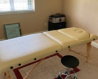 Professional, portable, massage, chair, rolling stool, stone heater, mini fridge