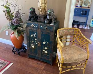 Antique chair redone as artwork, vintage cabinet, etc.