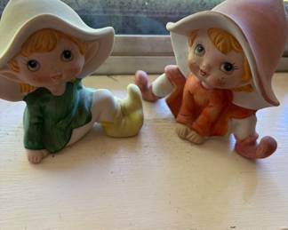 Pair of 1970s Homco Bisque Porcelain Pixie Elf Figurines