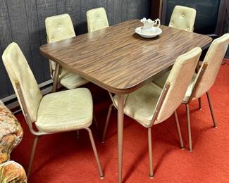 Mid-Century Modern Formica Top Dining Table with Golden Cream Vinyl Dining Chairs