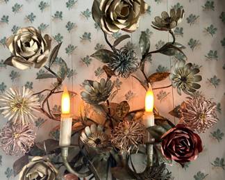 Set of (3):  Italian Floral Sconces  Vintage Italian Tole Floral Sconces – Hollywood Regency Beautiful gilt metal floral sconces featuring hand-formed blooms and candle-style lights. A stunning example of mid-century Italian toleware design, perfect for Hollywood Regency, French Country, cottage, or traditional interiors. Highly decorative and increasingly sought after by designers and collectors.