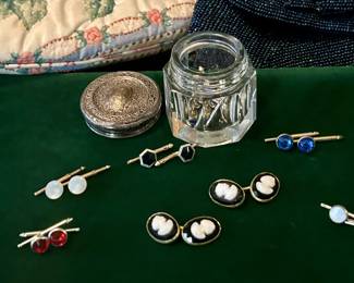 Vintage Accessory Collection  Victorian & Edwardian Accessories Collection A charming assortment of vintage cufflinks, decorative silver box, and faceted glass jar. Rich with old-world character and perfect for collectors of gentleman's accessories, vanity items, desk accessories, and decorative antiques.