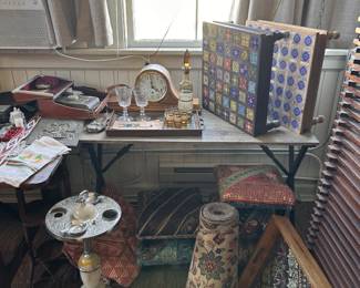 Vintage textiles, small tables, clocks, glassware, framed pieces, and eclectic tabletop decor from the old VSL shop space.