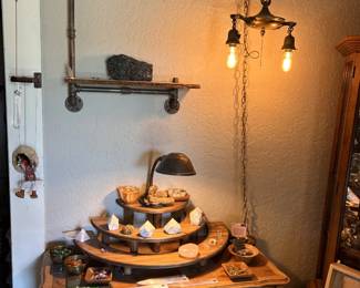 Wood Statue of saint, crystals, minerals, bowls, small trays,.
