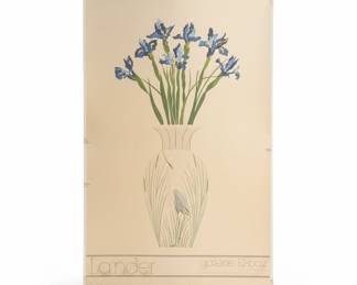 Vintage John Lander Iris & Crane Lithograph on a board