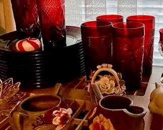 Antique Ruby Red glasses, plates