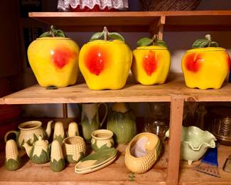 Vintage HTF California Blushing Apple Yellow Canisters, Vintage Shawnee Pottery Corn King collection 