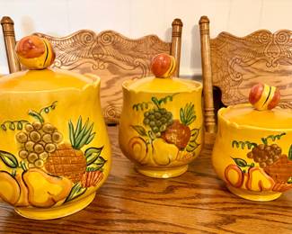 Vintage 3-piece California pottery  mustard yellow fruit cookie jar/canisters 2004