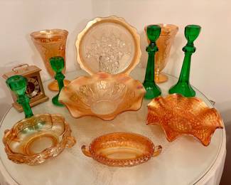 Vintage marigold carnival glass, emerald green candle sticks