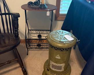 Vintage Perfection Oil Heater and End Table with Iron magazine rack