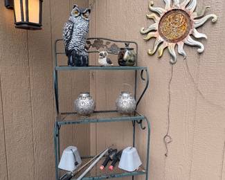 Bakers Rack, Lg Owl, and Small Owl, Pottery with Lid, Lanterns and Pots