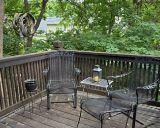 2 Spring chairs, 1 ottoman and table. Plant stands and pots