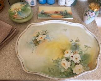Hand Painted Vanity tray. Handpainted china box, shaker and trinket tray